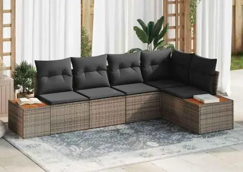 Set de Canapea de Grădină 5 Piese cu Perne Gri din Poliratan Acacia - 1/5