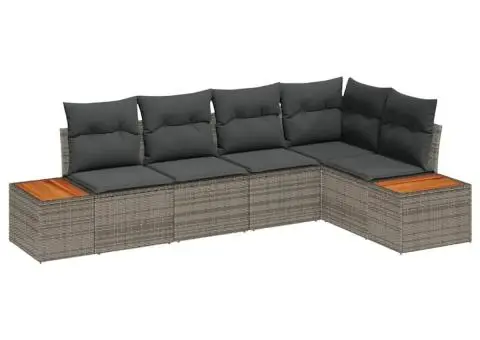 Set de Canapea de Grădină 5 Piese cu Perne Gri din Poliratan Acacia - 2/5