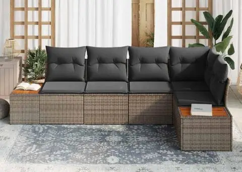 Set de Canapea de Grădină 5 Piese cu Perne Gri din Poliratan Acacia - 3/5