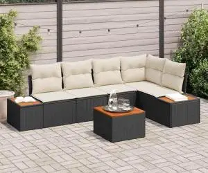 Set Canapea Grădină de 6 Piese cu Perne Negru Ratan Polimeric Acacia