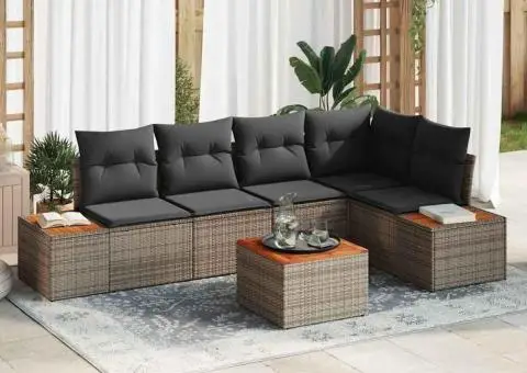 Set de canapea de grădină 6 piese cu perne Gri Poliratan Acacia - 1/5