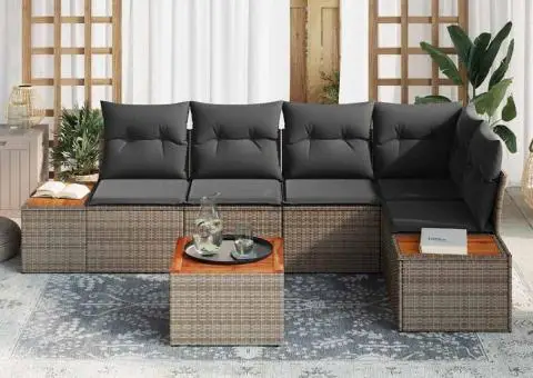 Set de canapea de grădină 6 piese cu perne Gri Poliratan Acacia - 3/5