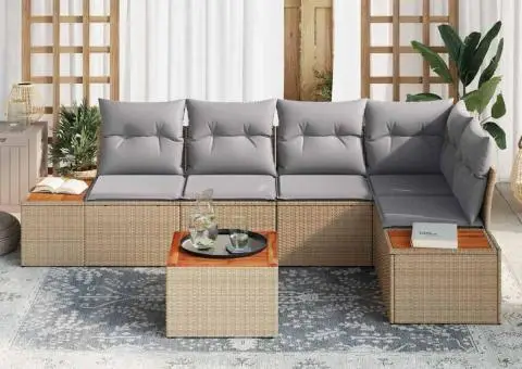 Set de 6 piese Canapele Grădină cu Perne Bej Ratan Poli Acacia - 3/5