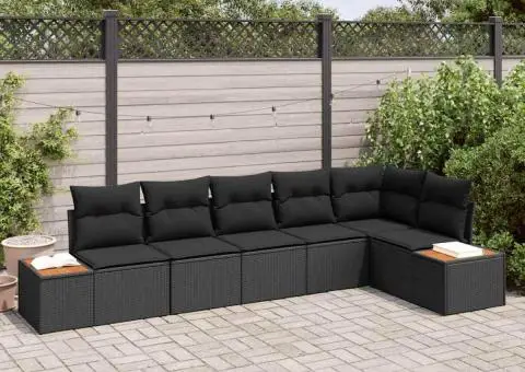 Set de canapea de grădină cu 6 piese cu perne Negre din Poliratan Acacia - 1/5