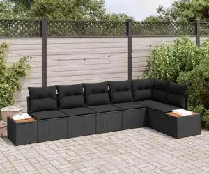 Set de canapea de grădină cu 6 piese cu perne Negre din Poliratan Acacia