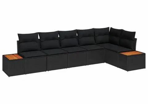 Set de canapea de grădină cu 6 piese cu perne Negre din Poliratan Acacia - 2/5