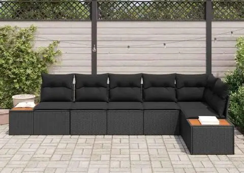 Set de canapea de grădină cu 6 piese cu perne Negre din Poliratan Acacia - 3/5