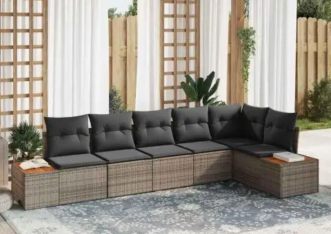 Set de Canapea de Grădină cu 6 Piese cu Perne Gri Poliratan Acacia - 1/5