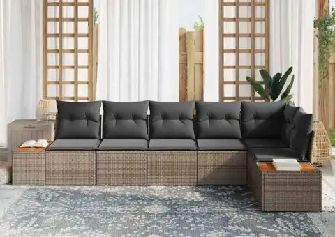 Set de Canapea de Grădină cu 6 Piese cu Perne Gri Poliratan Acacia - 3/5