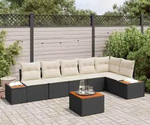 vidaXL Set de canapea de grădină de 7 piese cu perne Negru Ratan Policotton Acacia