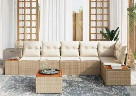 Set canapea grădină 7 piese cu perne bej din poliratan și acacia - 3/5