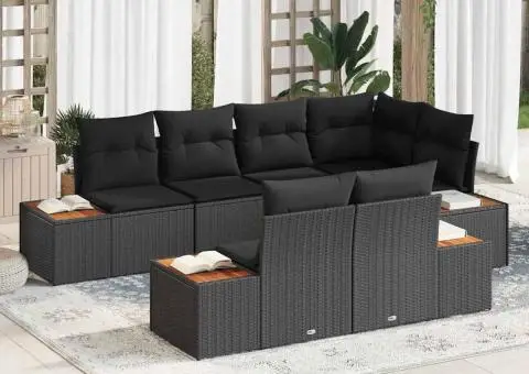 Set de Canapea de Grădină cu Pernuțe Negru Poliratan Acacia - 1/5