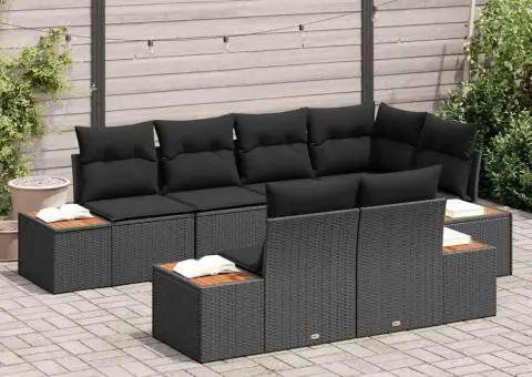 Set de Canapea de Grădină cu Pernuțe Negru Poliratan Acacia - 3/5