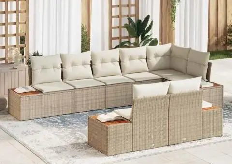 Set de canapea de grădină din 8 piese cu perne bej din ratan poliester și acacia - 1/5