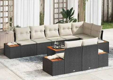 Set de canapea de grădină cu 9 piese și perne – Ratan poliester negru și acacia - 1/5