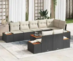 Set de canapea de grădină cu 9 piese și perne – Ratan poliester negru și acacia