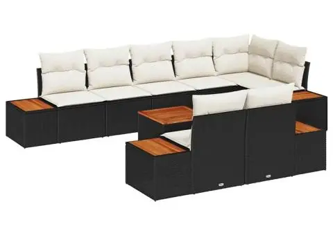 Set de canapea de grădină cu 9 piese și perne – Ratan poliester negru și acacia - 2/5