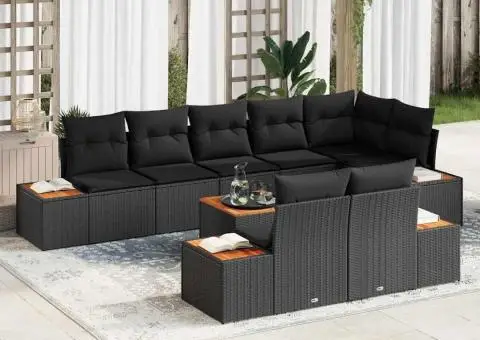 Set de canapele de grădină , 9 piese cu perne - Poliratan negru și acacia - 1/5