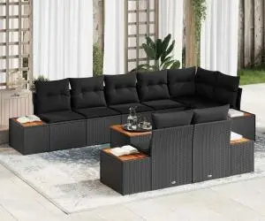 Set de canapele de grădină , 9 piese cu perne - Poliratan negru și acacia