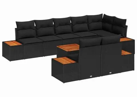 Set de canapele de grădină , 9 piese cu perne - Poliratan negru și acacia - 2/5