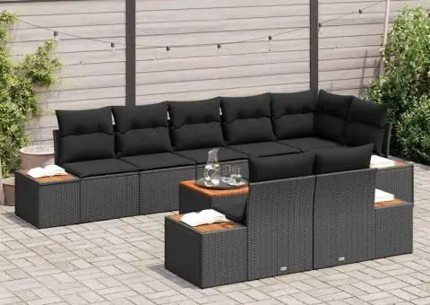 Set de canapele de grădină , 9 piese cu perne - Poliratan negru și acacia - 3/5