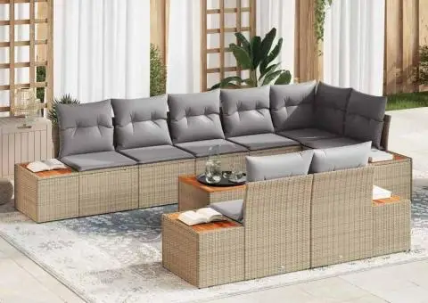 Set de canapea de grădină cu 9 piese și perne - Poliratan bej și lemn de acacia - 1/5