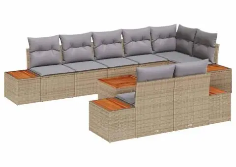 Set de canapea de grădină cu 9 piese și perne - Poliratan bej și lemn de acacia - 2/5