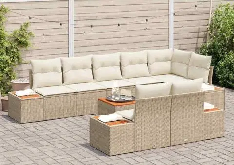 Set de canapea de grădină cu 9 piese și perne din ratan poli și acacia - 3/5