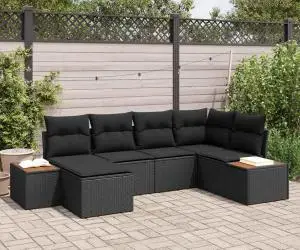 Set de canapea pentru grădină 6 piese cu perne Negru Poliratan Acacia