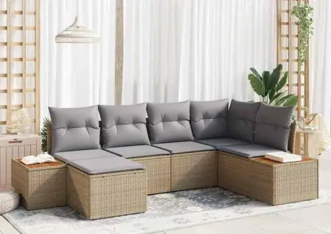 Set de Canapea Grădină de 6 Piese cu Pernuțe Bej Ratan Polimer Acacia - 1/5