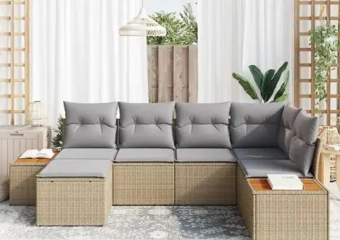 Set de Canapea Grădină de 6 Piese cu Pernuțe Bej Ratan Polimer Acacia - 3/5