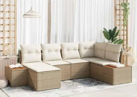 Set Canapea pentru Grădină , 6 Piese, cu Perne Bej, Ratan Poli, Acacia - 1/5