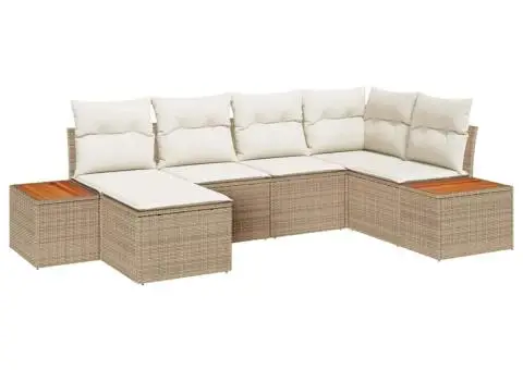 Set Canapea pentru Grădină , 6 Piese, cu Perne Bej, Ratan Poli, Acacia - 2/5
