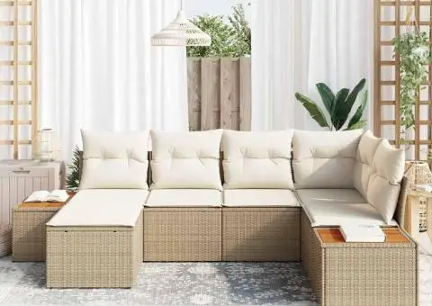 Set Canapea pentru Grădină , 6 Piese, cu Perne Bej, Ratan Poli, Acacia - 3/5