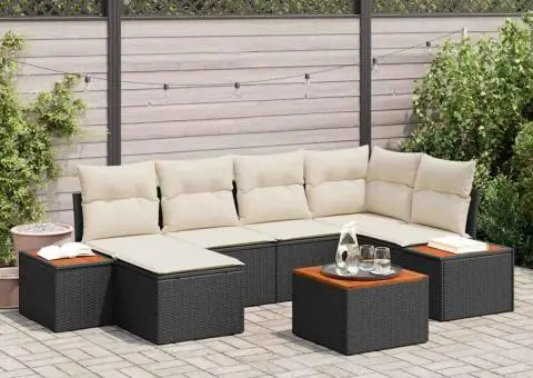 Set Canapea Grădină cu 7 Piese și Perne Negru Poliratan Acacia - 1/5