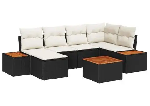 Set Canapea Grădină cu 7 Piese și Perne Negru Poliratan Acacia - 2/5