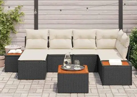 Set Canapea Grădină cu 7 Piese și Perne Negru Poliratan Acacia - 3/5