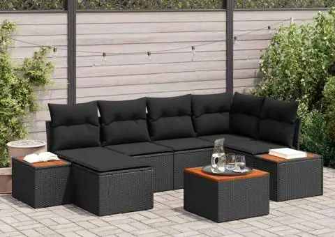 Set de canapele de grădină cu 7 piese cu perne, negru, din ratan polimeric, acacia - 1/5