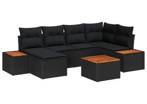 Set de canapele de grădină cu 7 piese cu perne, negru, din ratan polimeric, acacia - 2/5