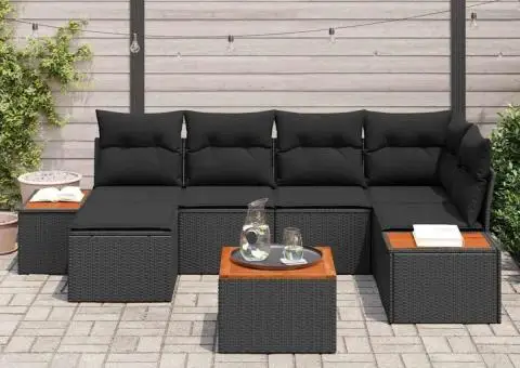 Set de canapele de grădină cu 7 piese cu perne, negru, din ratan polimeric, acacia - 3/5
