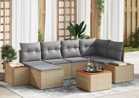 Set de Canapea de Grădină cu 7 Piese și Pernițe Bej Poli Ratan Acacia - 1/5