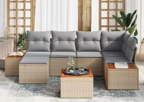 Set de Canapea de Grădină cu 7 Piese și Pernițe Bej Poli Ratan Acacia - 3/5