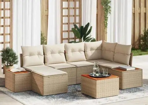 Set de Canapea cu 7 Piese și Perne Bej Ratan Poli Acacia - 1/5