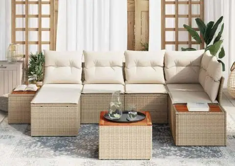 Set de Canapea cu 7 Piese și Perne Bej Ratan Poli Acacia - 3/5