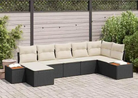 Set de canapea de grădină din 7 piese cu perne din poli-ratan negru și acacia - 1/5