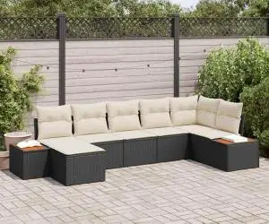 Set de canapea de grădină din 7 piese cu perne din poli-ratan negru și acacia