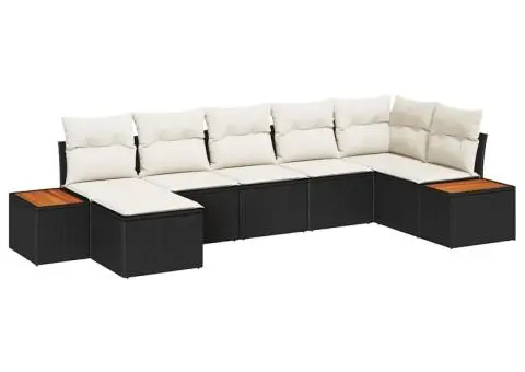 Set de canapea de grădină din 7 piese cu perne din poli-ratan negru și acacia - 2/5