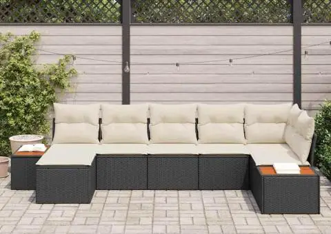 Set de canapea de grădină din 7 piese cu perne din poli-ratan negru și acacia - 3/5