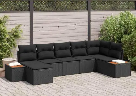 Set de canapea de grădină 7 piese cu perne din poliratan negru și lemn de acacia - 1/5