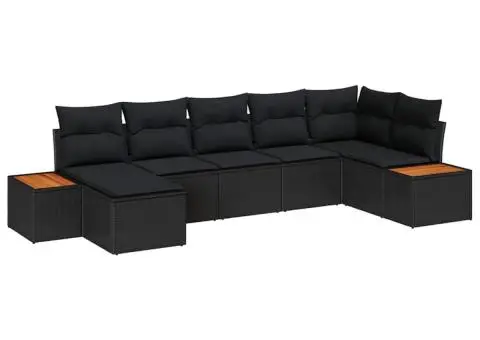 Set de canapea de grădină 7 piese cu perne din poliratan negru și lemn de acacia - 2/5